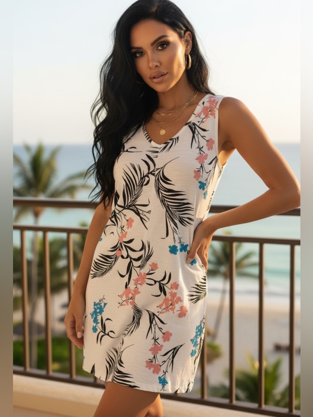 Liz Claiborne Sleeveless Tropical Floral Midi A Line Dress Coastal NEW19